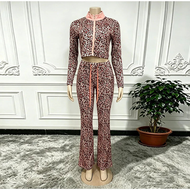 Leopard Print Stand Collar Casual Two Piece Set For Women