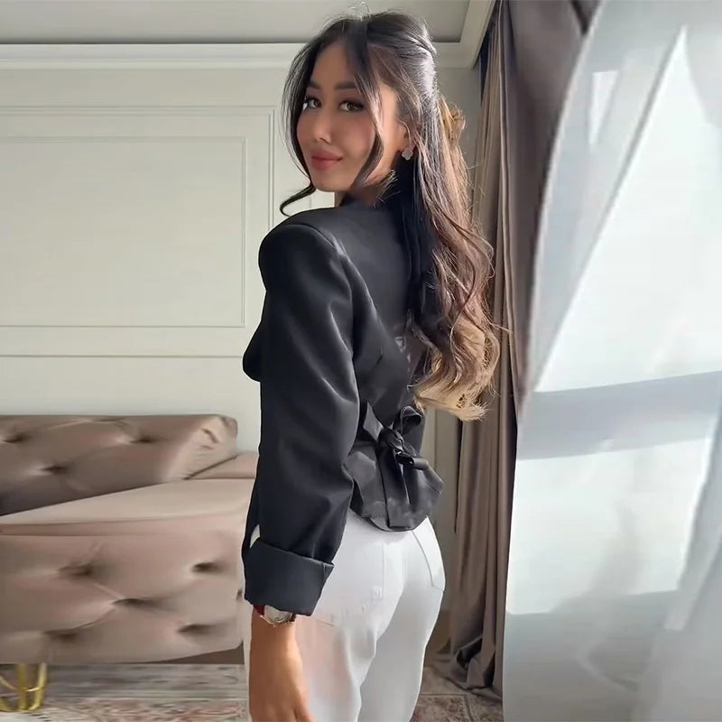 Slim Fit Stand Collar Blazer and Shorts Set for Women
