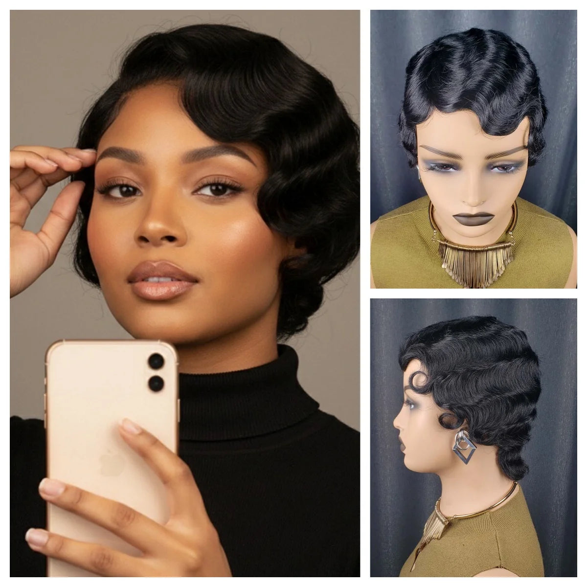 Short Finger Wave Premium Remy Human Hair Wig for Women