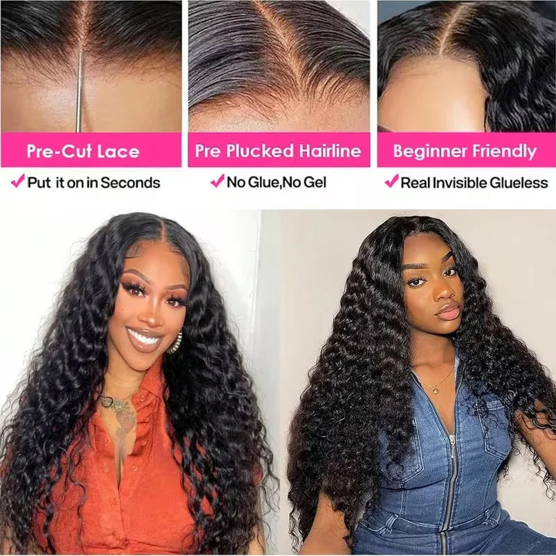 Glueless Deep Wave Pre Plucked Transparent Lace Front Wig for Women