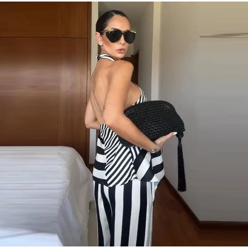 Striped Criss Cross Halter Two Piece Wide Leg Pants Set For Women
