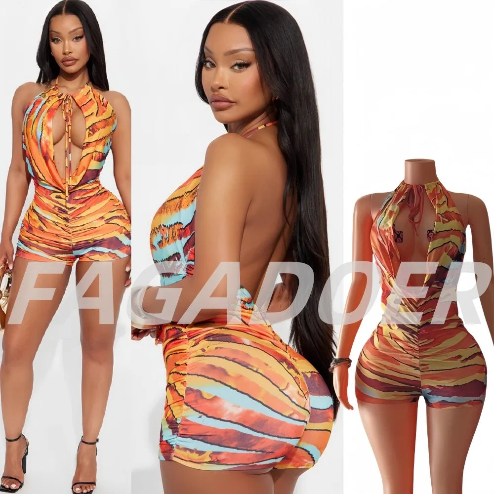 FAGADOER Sexy Printing Bodycon Bikini Rompers Women Halter Hollow Out Sleeveless Backless Jumpsuits Female Clubwear Overalls New