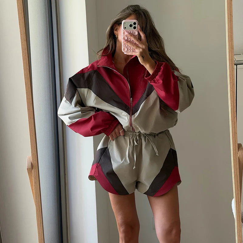 Contrast Color Zip Jacket and Shorts Two Piece Set for Women