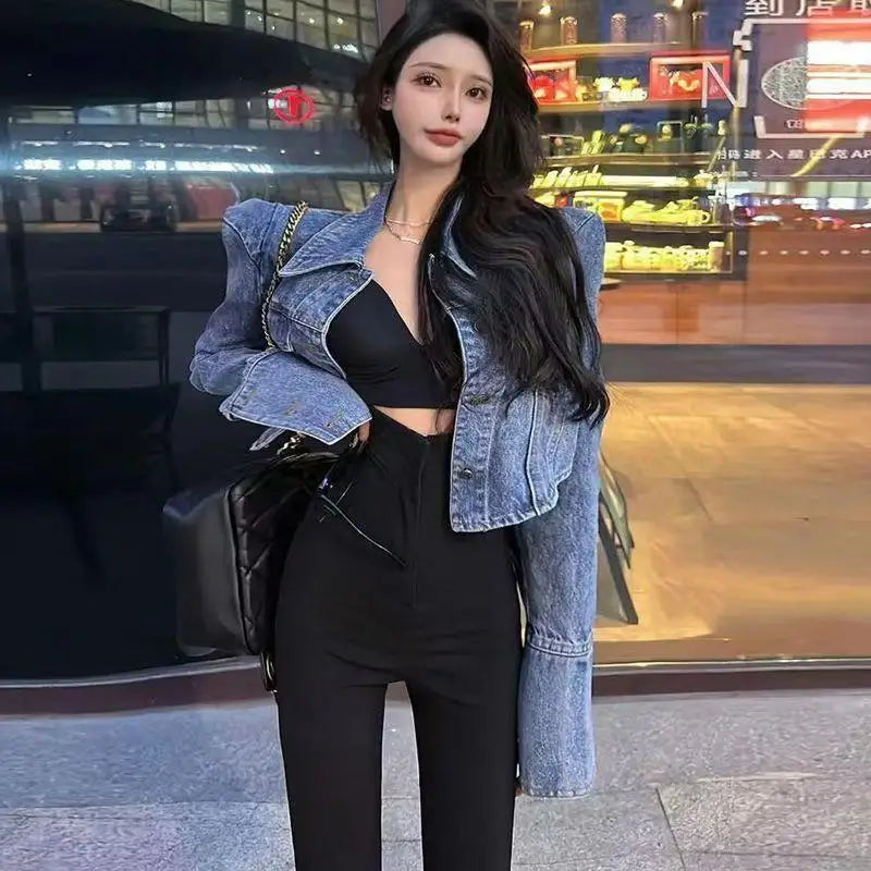 Vintage Inspired Turn Down Collar Cropped Denim Jacket for Women
