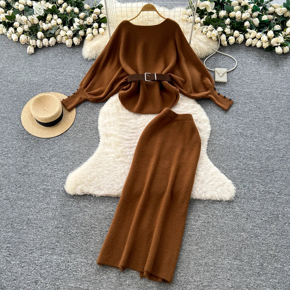 Batwing Sleeve Knit Top and High Waist Skirt Set for Women