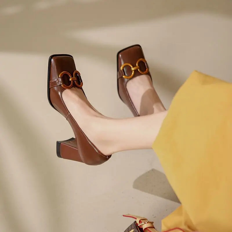Vintage Square Buckle Patent Leather Pumps For Women