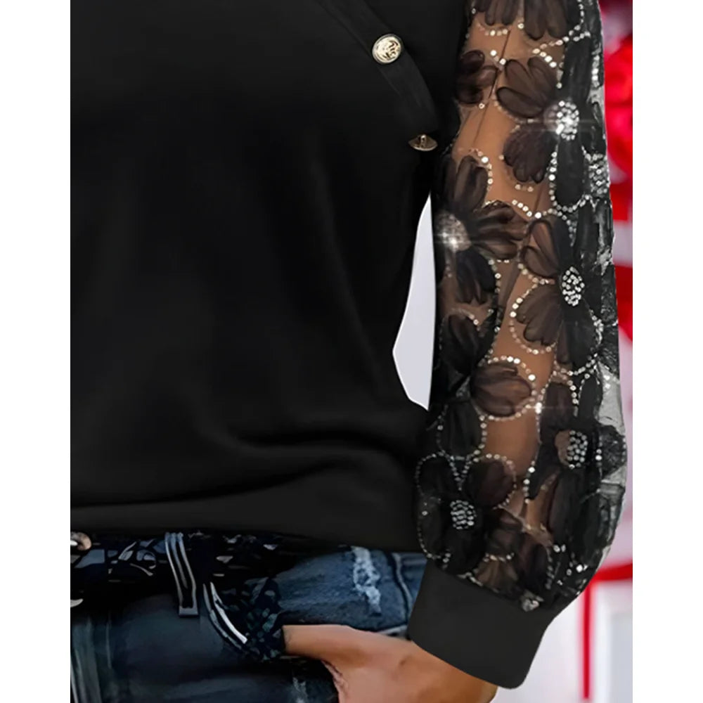Floral Button Front Lace Top