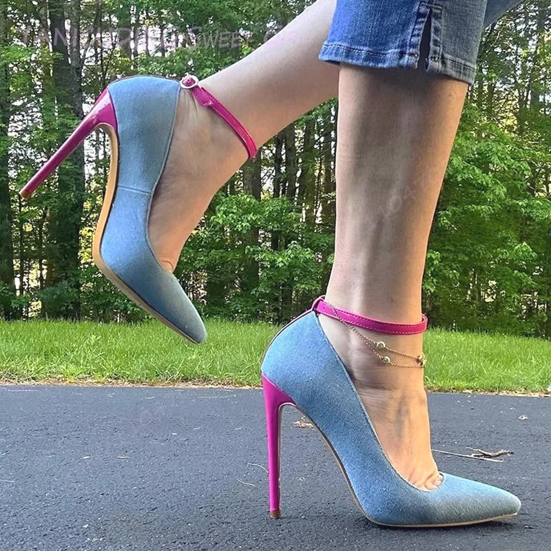 Denim Ankle Buckle Pumps Pointed Toe High Heels For Women