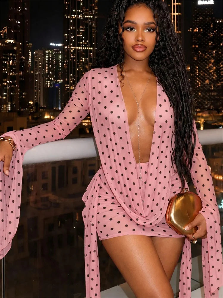 Sexy Polka Dot Backless Batwing Sleeve Dress for Women