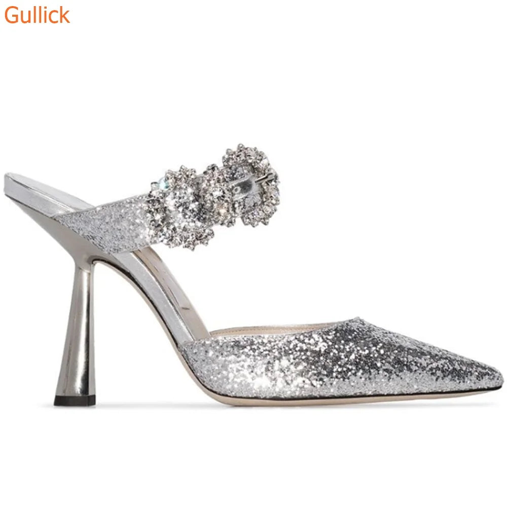 Elegant Glitter Pointed Toe Sandals With Ankle Strap For Women
