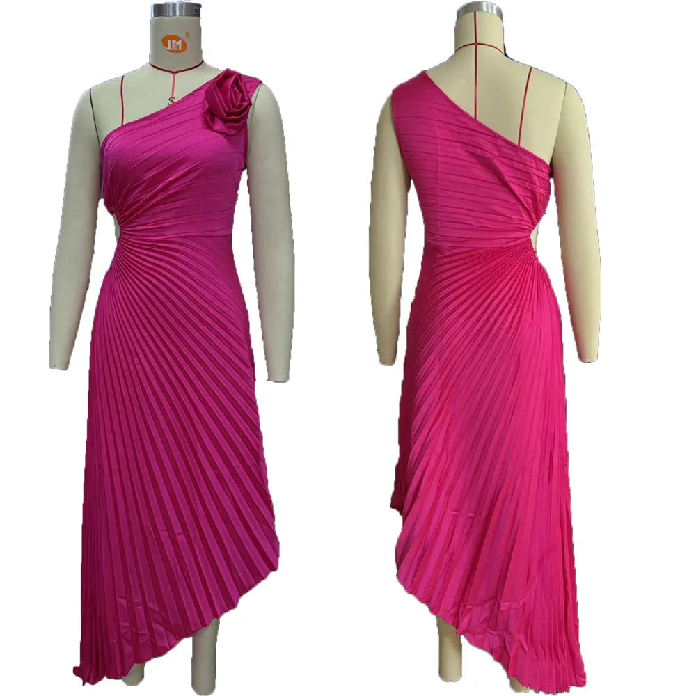 One Shoulder Flower Decor Pleated Elegant Dress for Women
