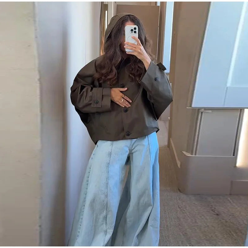 Vintage Single Breasted Women 's Treach Coats Loose Hooded Pockets Full Sleeve Short Jacket Female 2025 Autumn New Lady Outwears