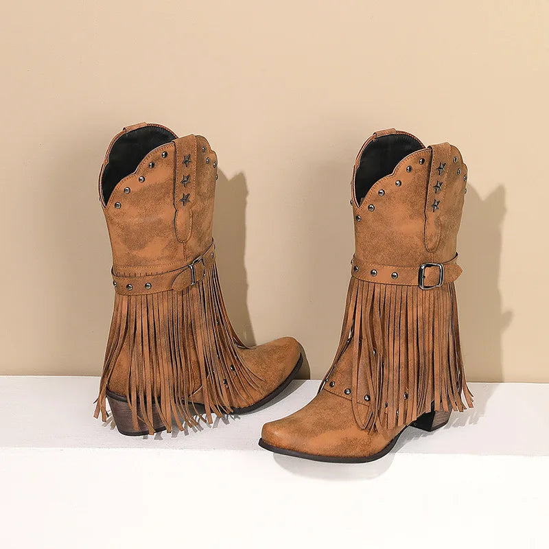 Western Fringed Riveted Block Heel Knee Boots for Women