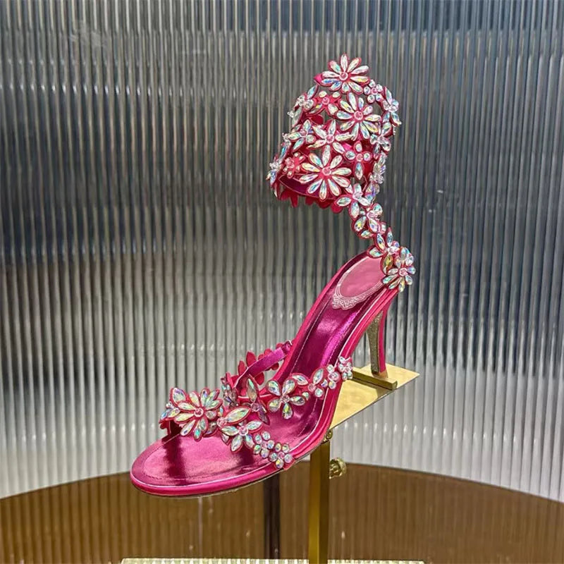 Crystal Strappy Wrap Ankle Stiletto Sandals for Women