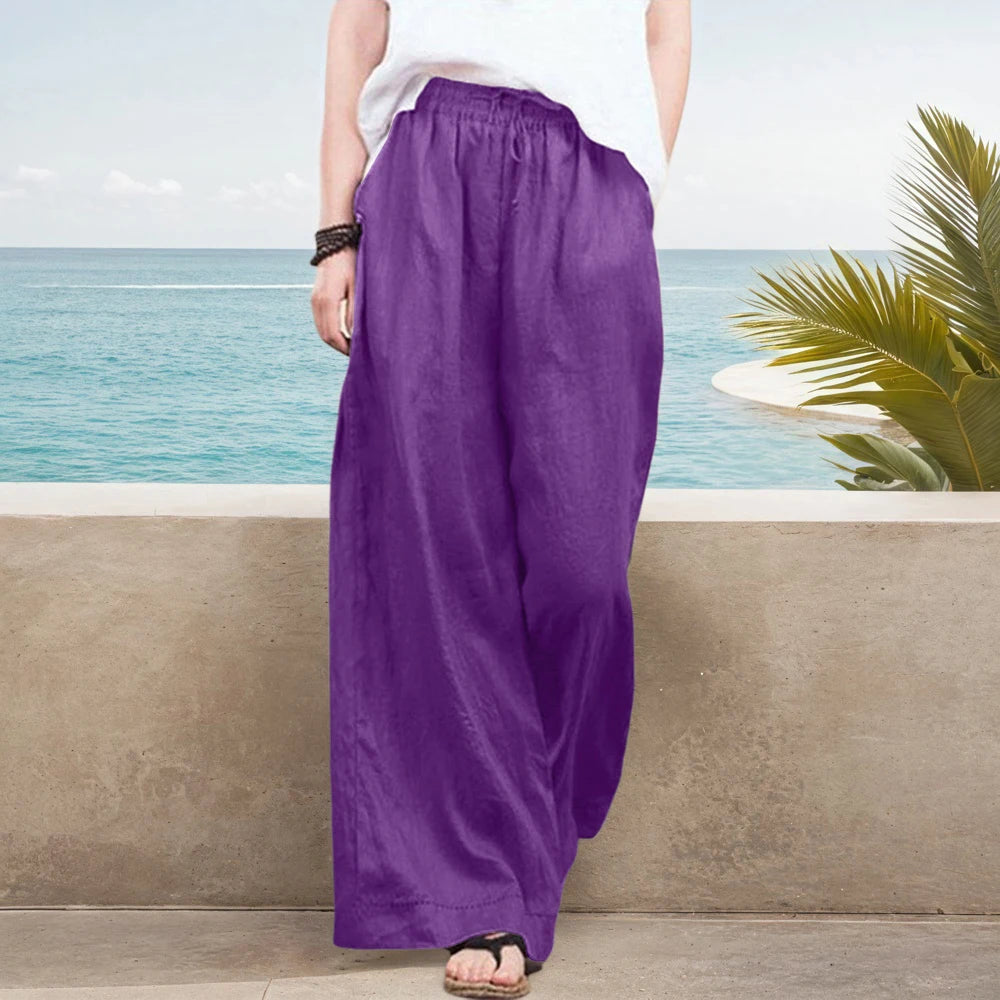 Womens Solid Cotton Linen Baggy Elasticated Waist Wide Leg Chino Pants Summer Ladies Loose Casual Full Length Trouser Size S-3XL