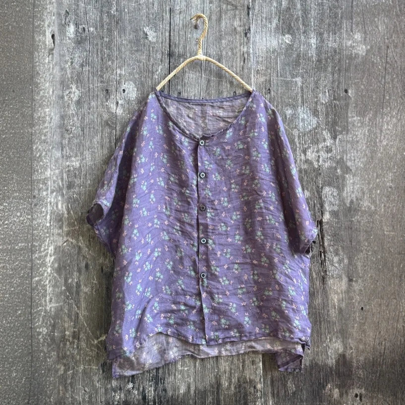 Casual Floral Print Loose Linen Relaxed Fit Shirt for Women
