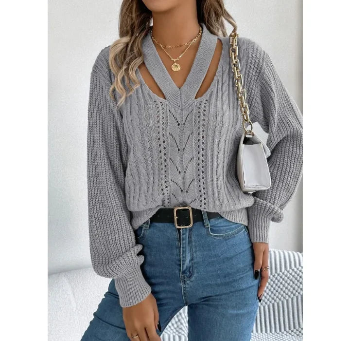 Casual Sweater Women Streetwear Hollow V-neck Elegant Lantern Sleeve Head Tops 2024 Autumn/Winter New Long Sleeved T-shirt Y2k