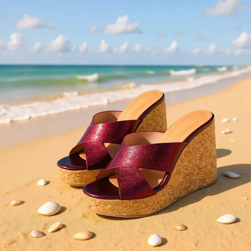 Waterproof Wood Pattern Cross Belt Wedge Platform Slippers for Women