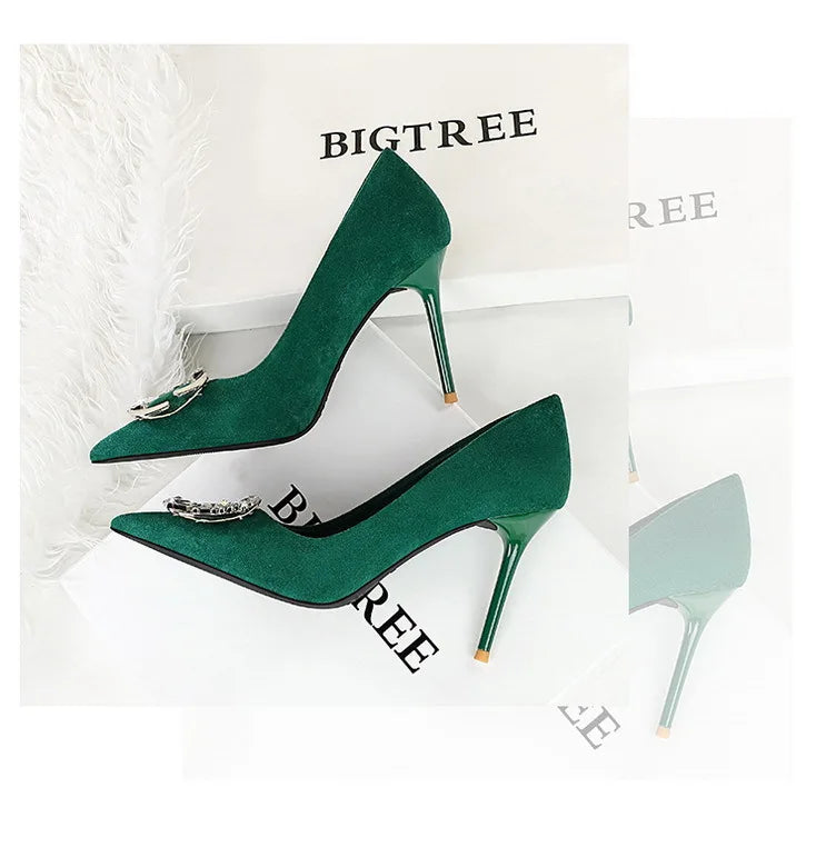 Elegant Rhinestone Buckle Suede High Heel Pumps for Women
