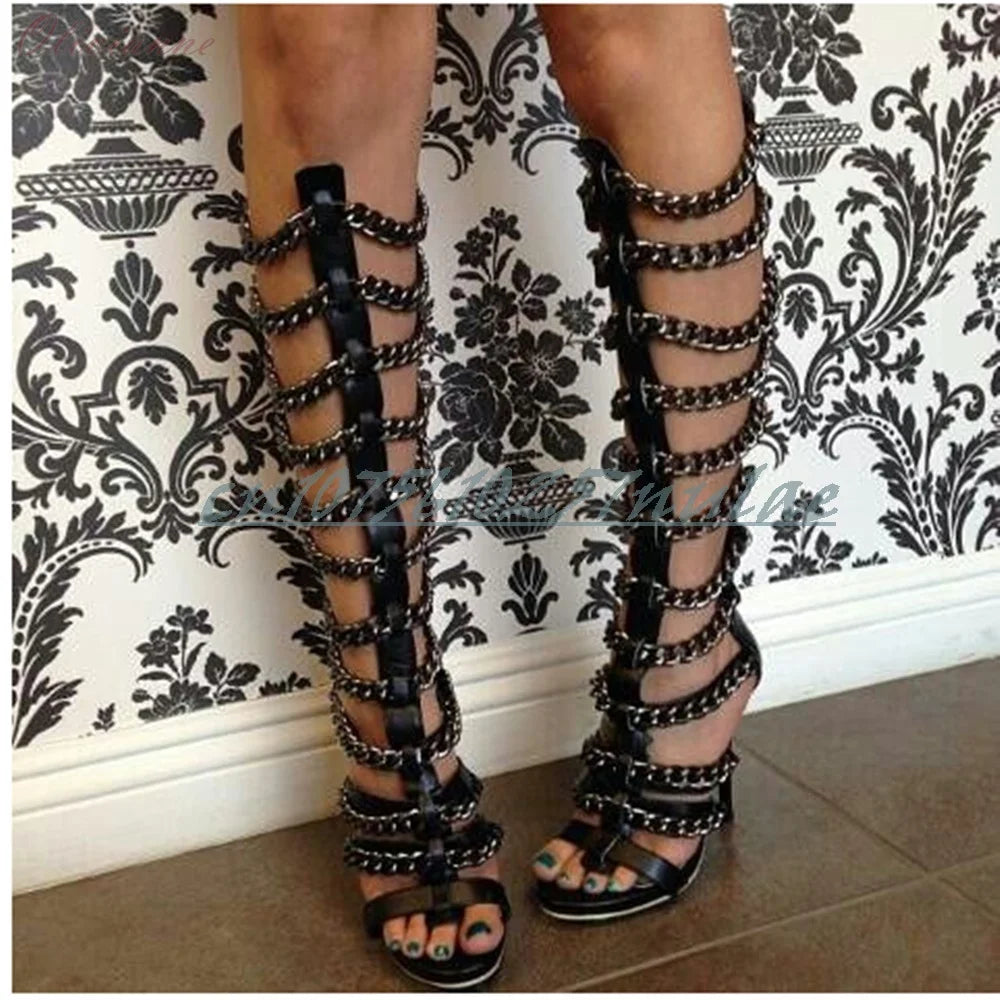 Metal Chain Decor Open Toe Stiletto Boots for Women