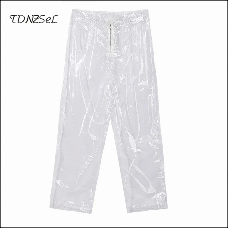 Transparent Loose PVC Straight Pants With Elastic Waist For Women