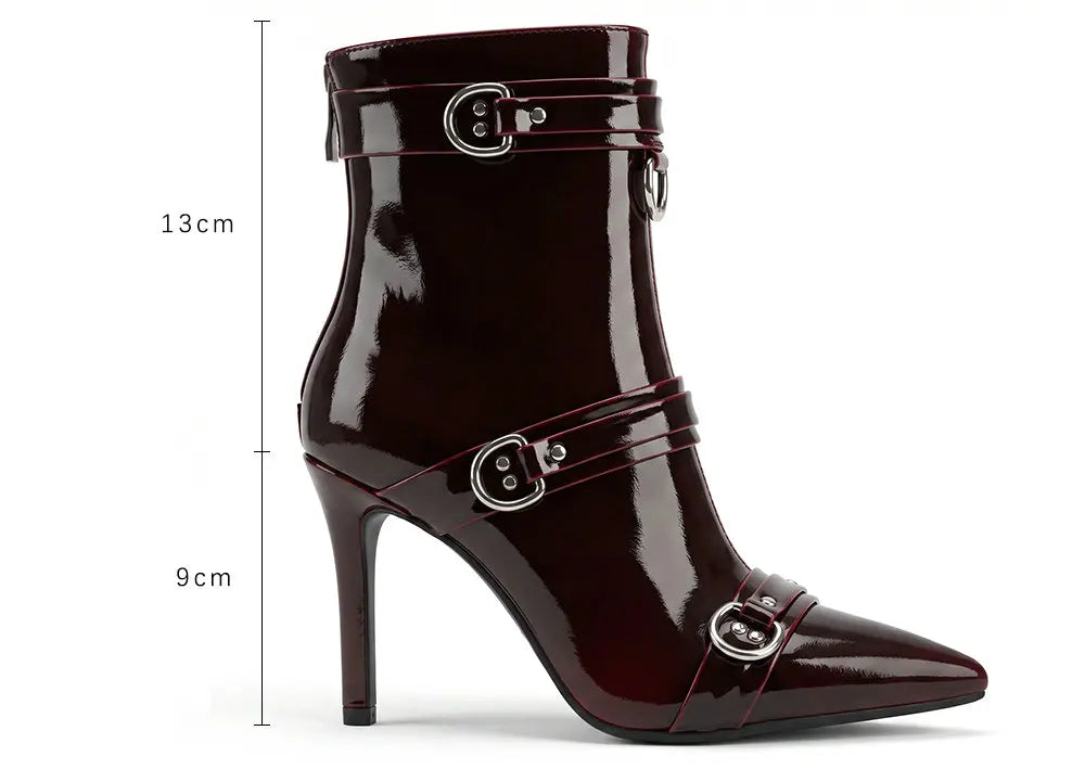 Burgundy Patent Leather Buckle Ankle Boots for Women