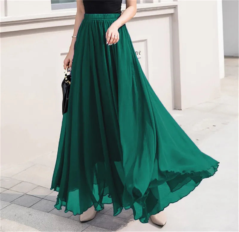 Elegant Solid Color Chiffon A-Line Skirt with High Waist for Women