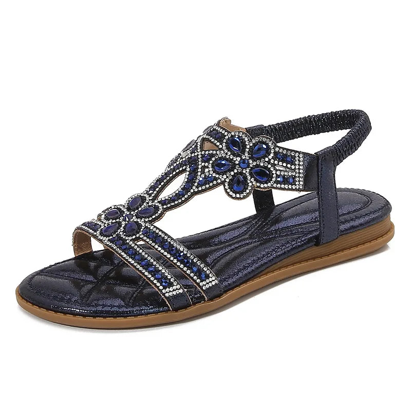 Bohemian Rhinestone Openwork Flat Sandals For Women
