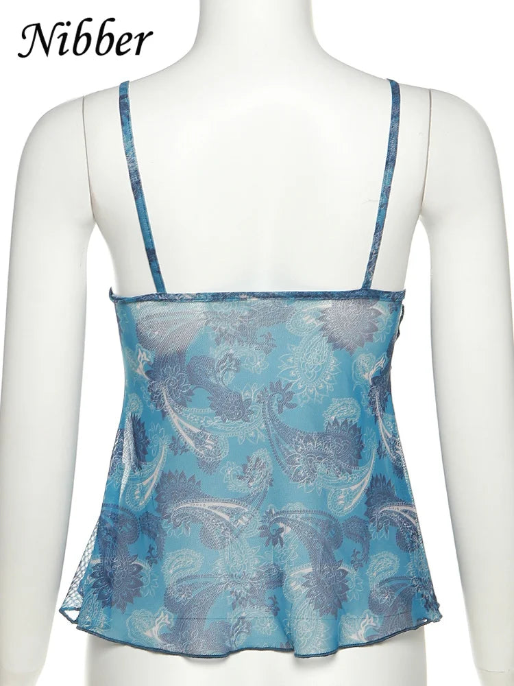 Nibber Mesh See Through Printed Vest Women Sexy Casual V-neck Sleeveless Suspender Camisole Patchwork Tank Top Streetwear