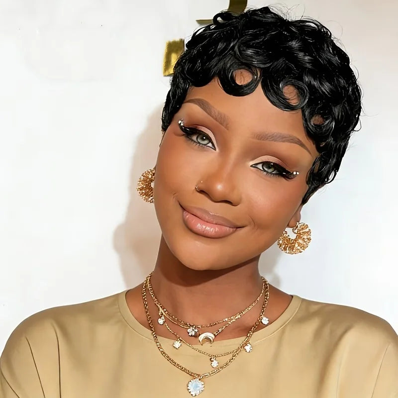 Short Curly Layered Pixie Human Hair Wig With Bangs for Women
