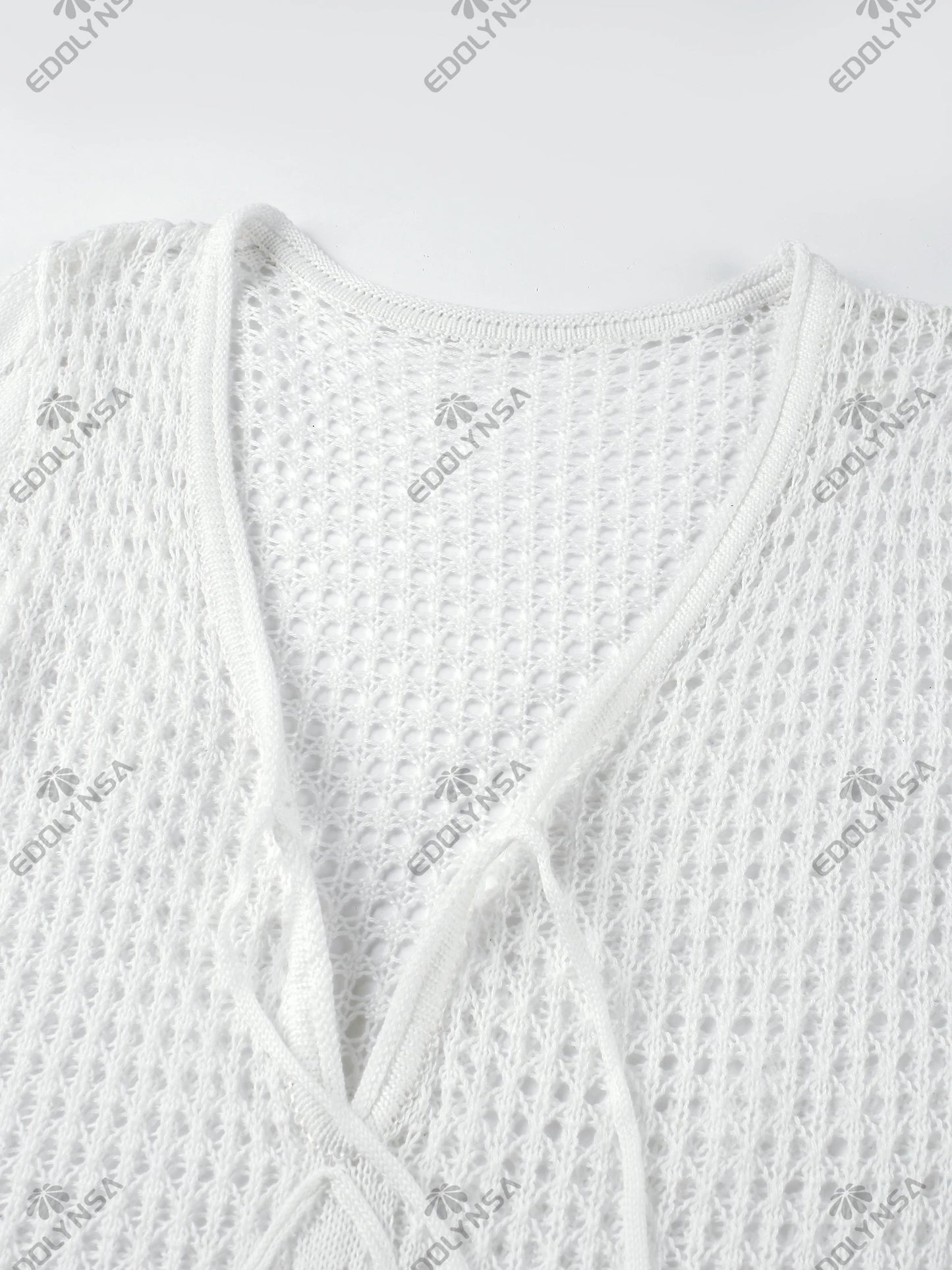 Women Sexy White Knit Swimsuit Cover Up Deep V-neck Tie Hollow Out Long Sleeve Beach Maxi Dress 2025 Summer Holiday Outfit K186