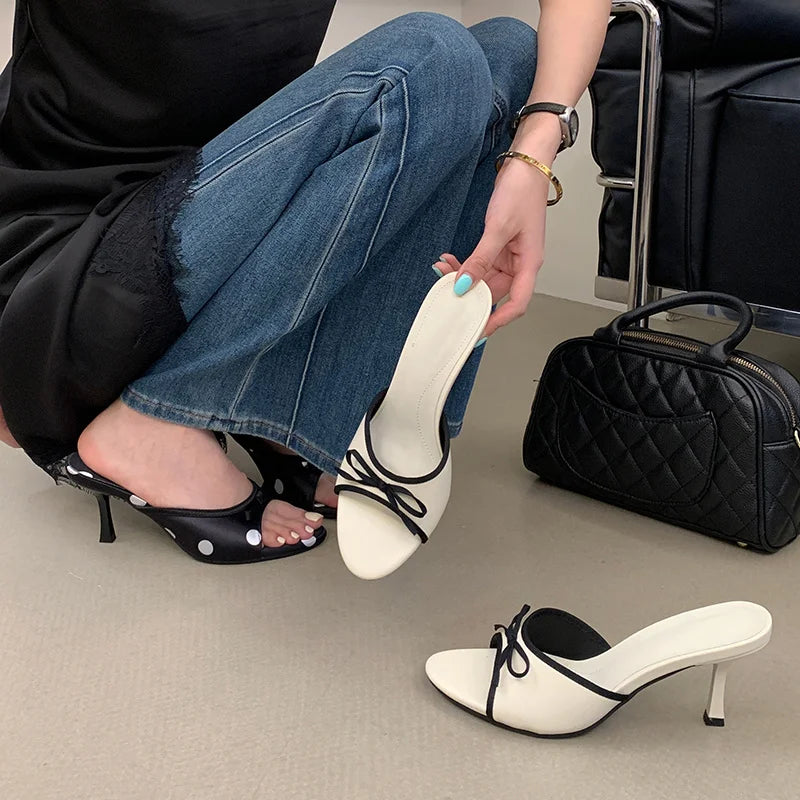 Polka Dot Silk Butterfly Knot Heeled Sandals for Women