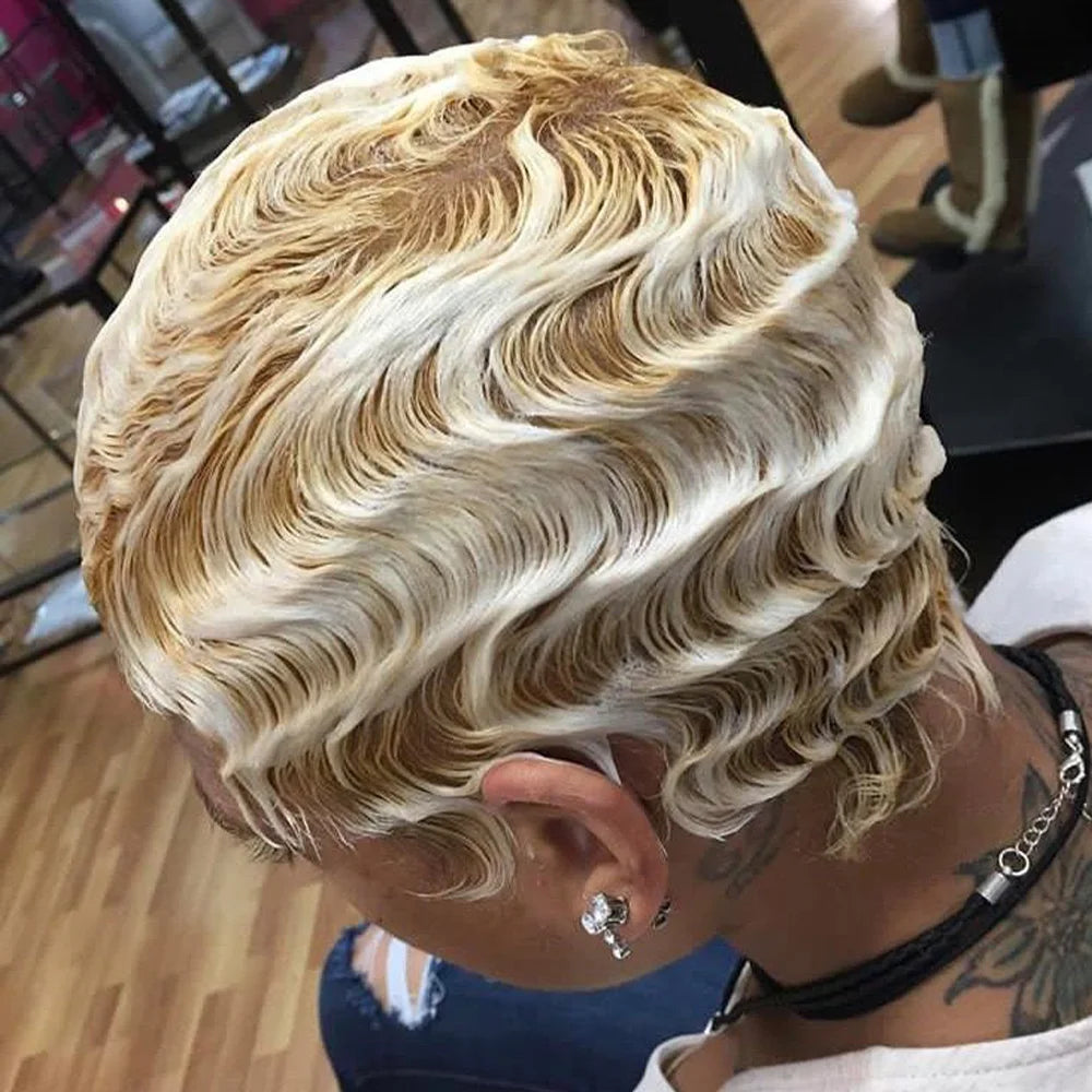 Blonde Finger Wave Pixie Cut Human Hair Wig For Women