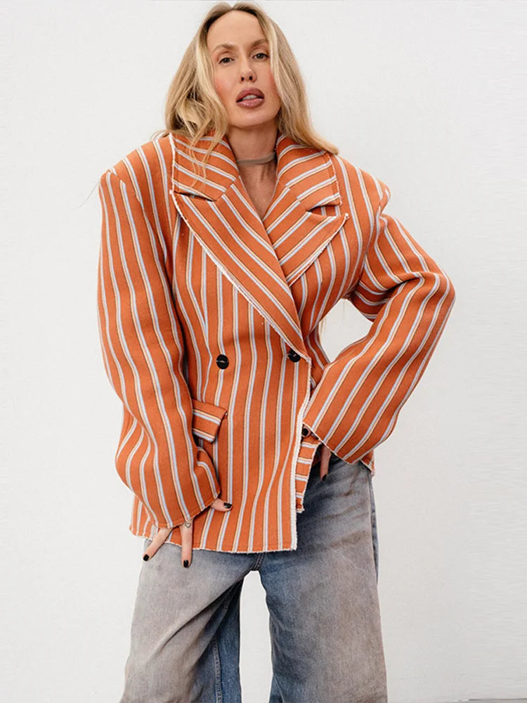 Striped Double-Breasted Blazer With Lapel for Women