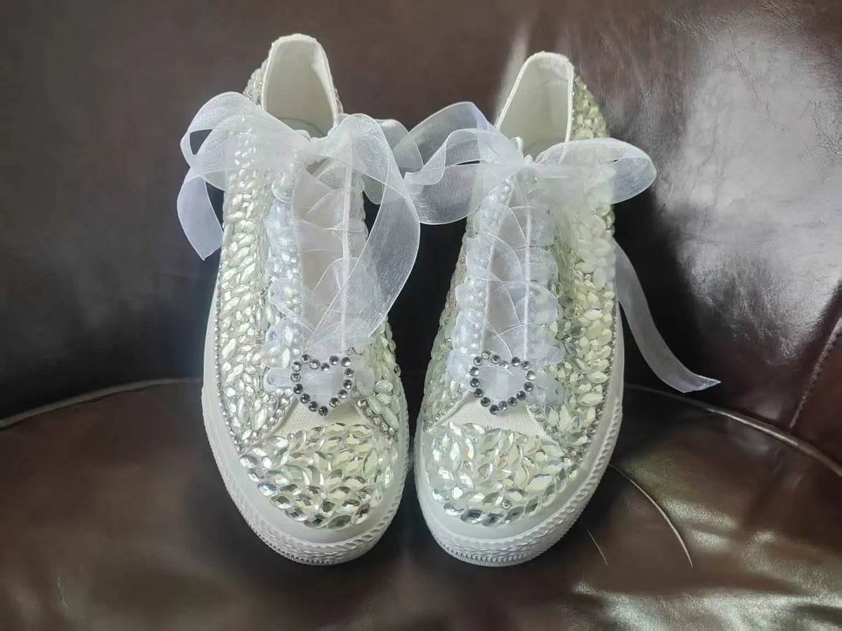 Sparkling Crystal Lace-Up Low Top Canvas Shoes for Women