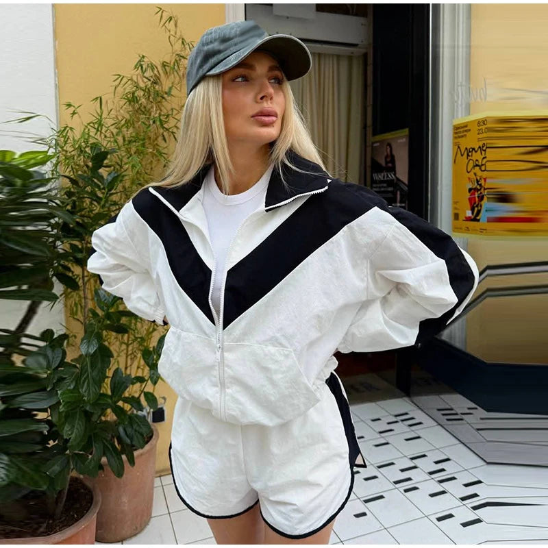 Color Block Zip Up Tracksuit With High Waist Shorts For Women
