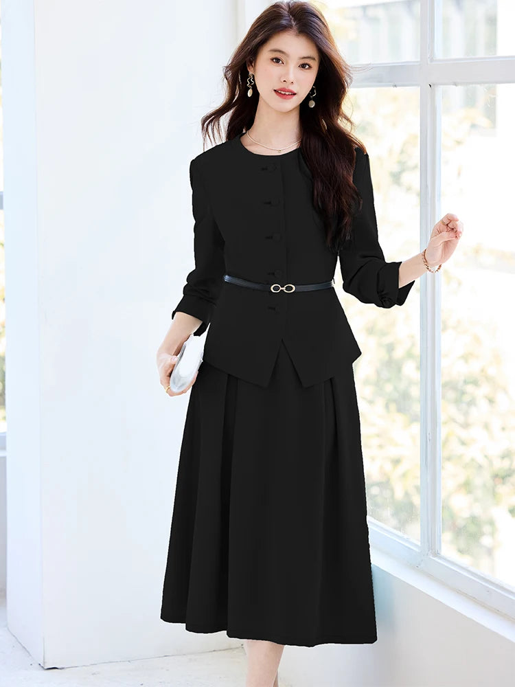Fashion Women Formal Blazer Skirt Suit Ladies Blue Apricot Black Female Business Work Wear Two Piece Set For Autumn Winter