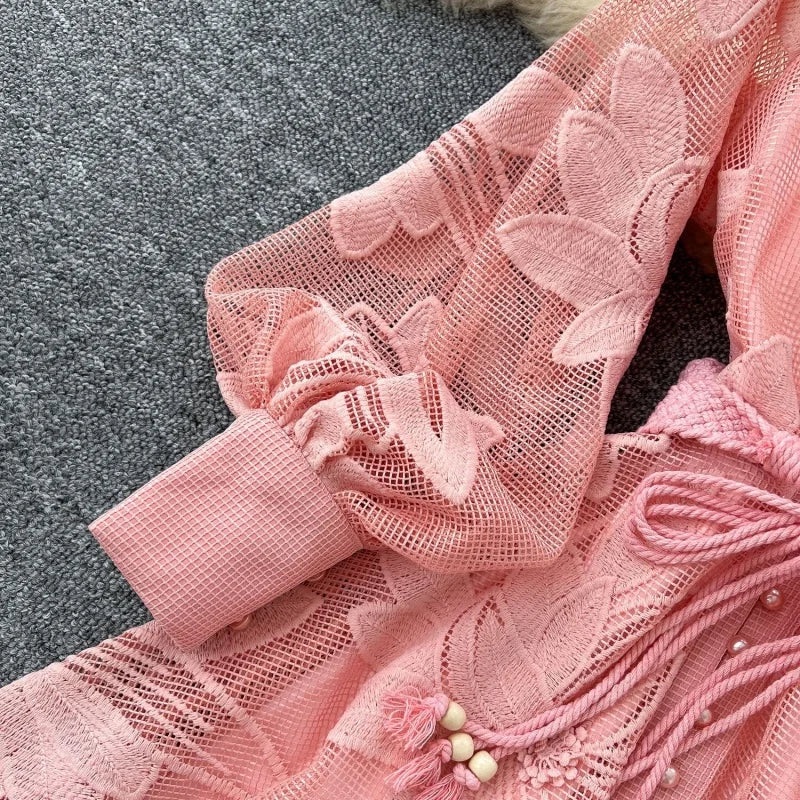 Elegant Embroidered Lantern Sleeve Midi Dress for Women