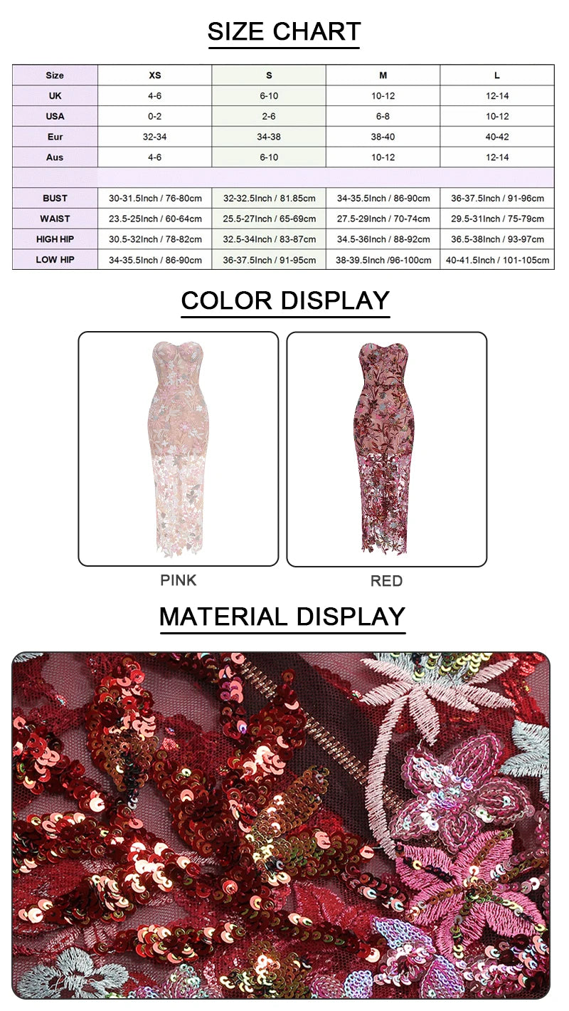 Floral Embroidery Sequin Patchwork Mesh Long Backless Dress for Women
