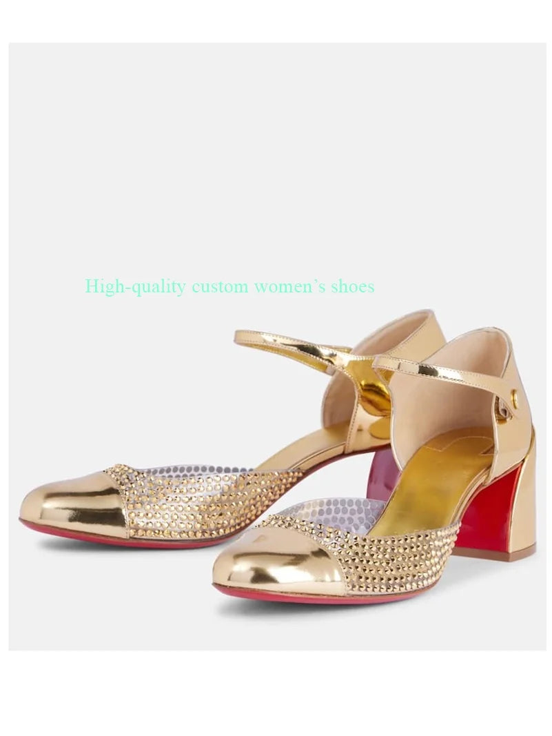 Elegant Gold Round Rhinestones Color-Blocked Sandals for Women