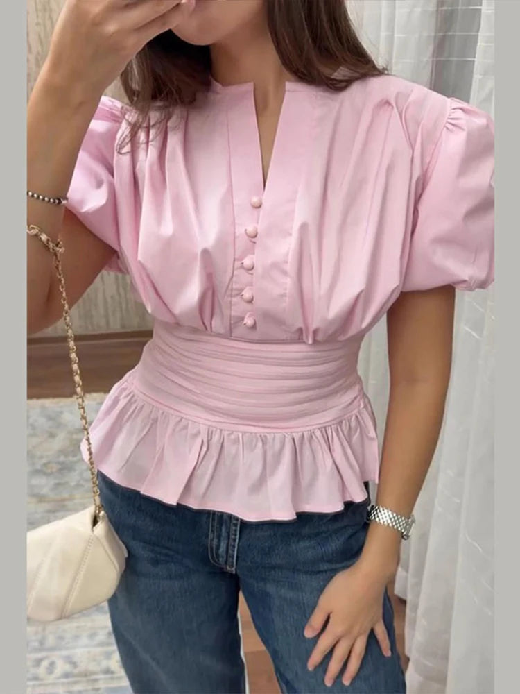 Elegant Puff Sleeve Cinched Waist Solid Color Blouse for Women