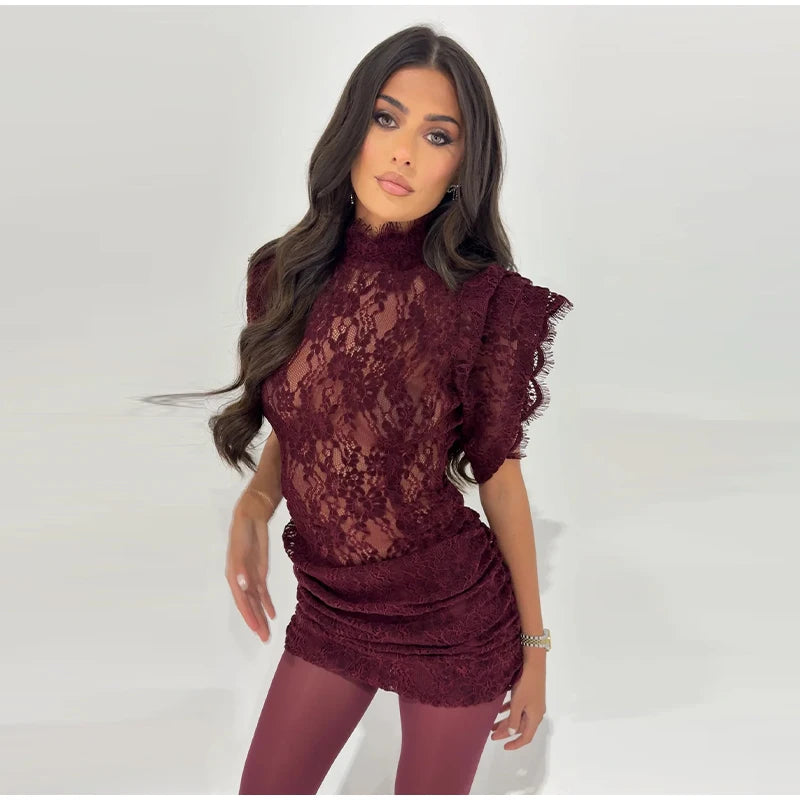 Sheer Lace Flared Sleeve Knee Length Party Dress for Women