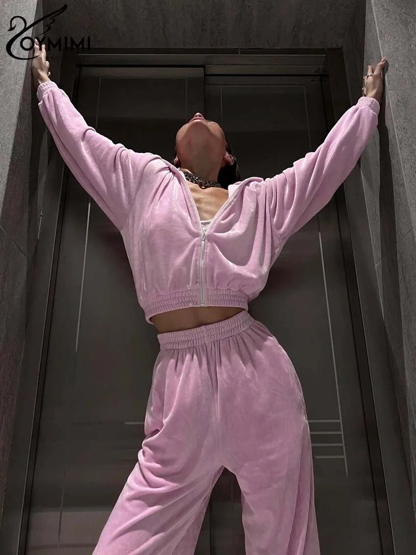 Oymimi Casual New Pinlk Knitting Sets Womens 2 Piece Elegant Long Sleeve Zipper Blouses And Simple Straight Trousers Female Sets