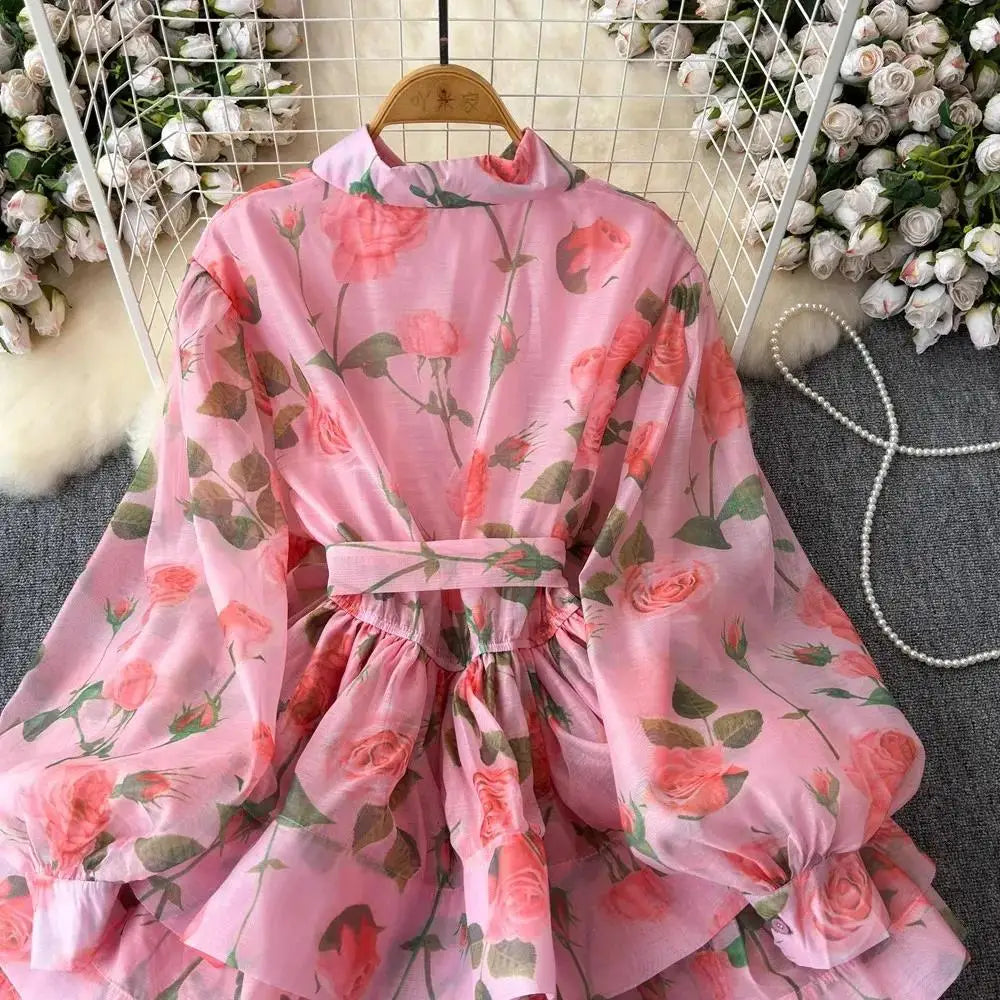 Women Lantern Sleeve Floral Print Lace Up Belt Summer Ball Gown Cute Dress Holiday Gorgeous Flower Ruffles Layer Cake Mini Dress