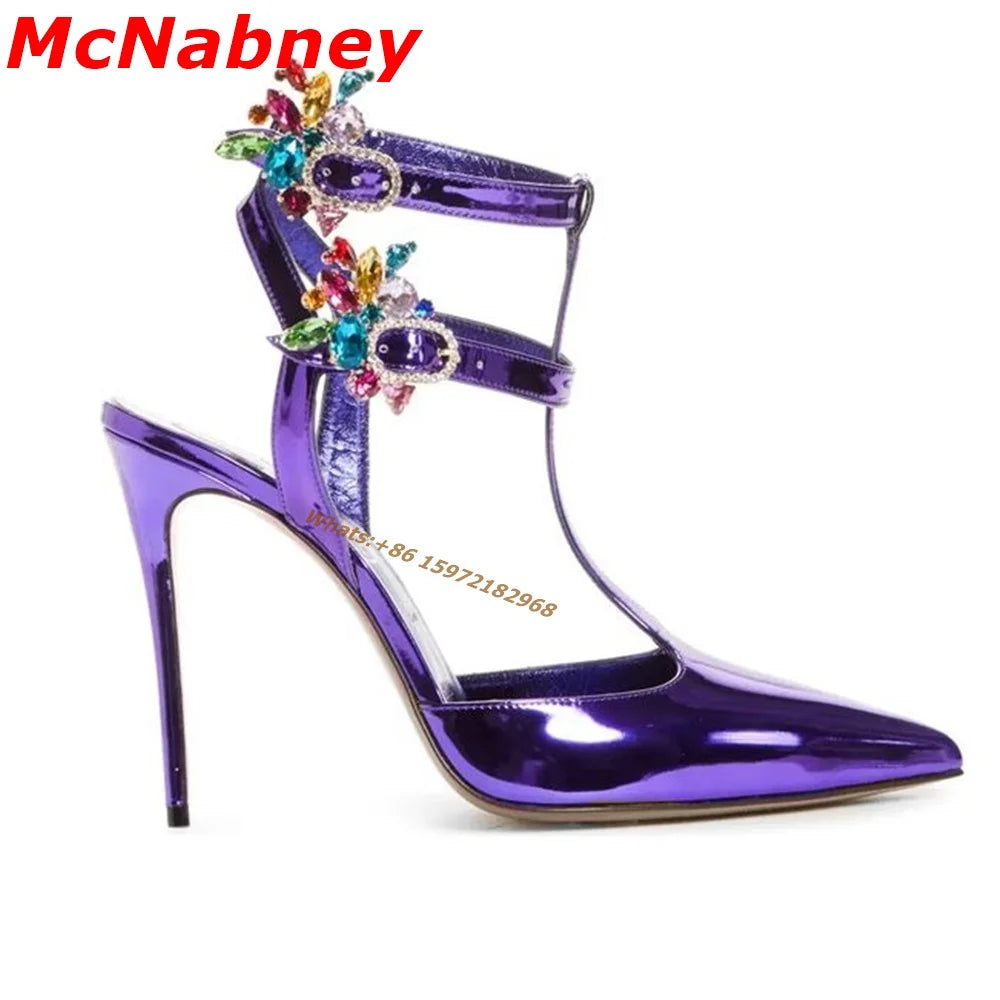Purple Patent Pointy Toe T Strap Stiletto Pump With Ankle Buckle For Women