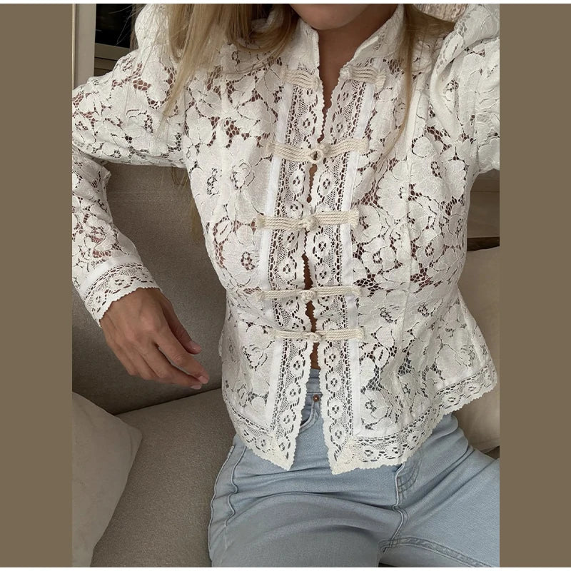 Elegant Embroidered Puff Sleeve Hollow Out Lace Blouse for Women