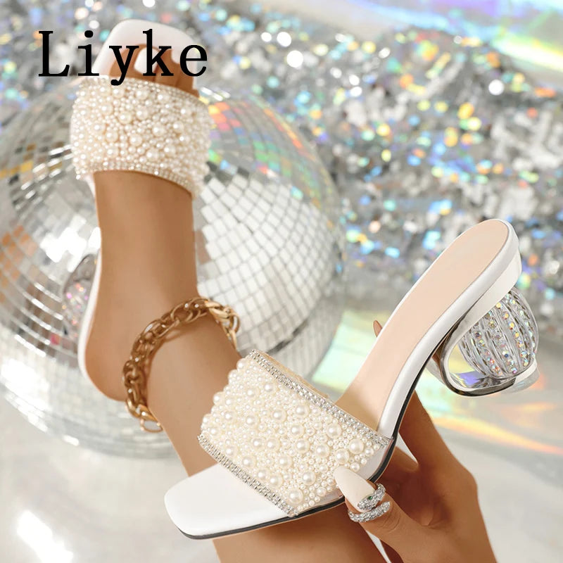 White Pearl Beaded Embellished Strappy Sandals for Women