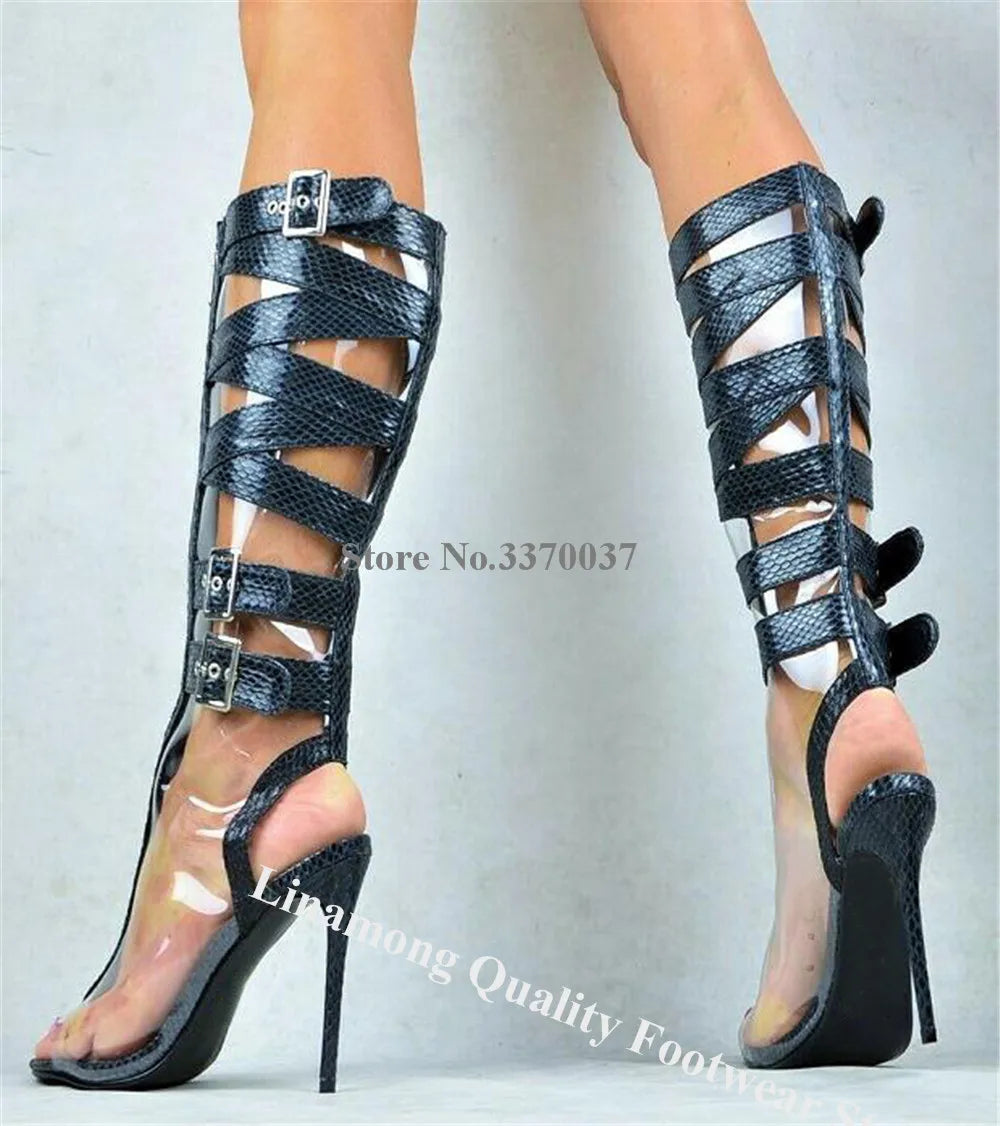 Peep Toe Stiletto Heel Knee High Gladiator Boots for Women
