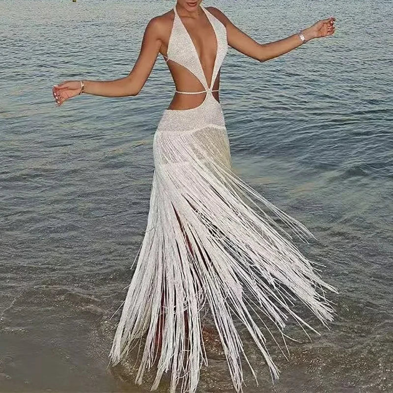 2025 New Tassel Sleeveless Sling Dress Sexy Deep V Low Cut Beach Long Dress Chic Fashion Women's Summer Holiday Dresses Vestidos