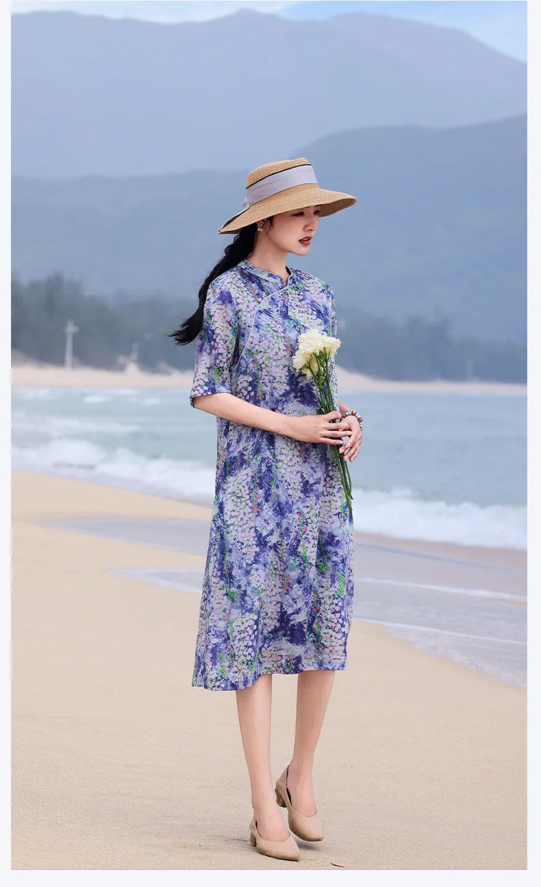 Casual Mandarin Collar Vintage Print Ramie Dress for Women